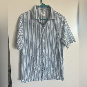 Zara Striped Camp Shirt Mens MEX 42 Blue Gray Short Sleeve Cotton Linen